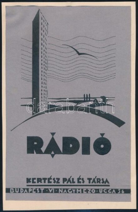 Rádió, Kertész Pál és Társa, Budapest, Vi. Nagymező ucca 36. Art deco plakát- vagy reklámterv, 1925-30 körül. Tus, papír, papírra kasírozva. Jelzés nélkül. 22,5x14,5 cm