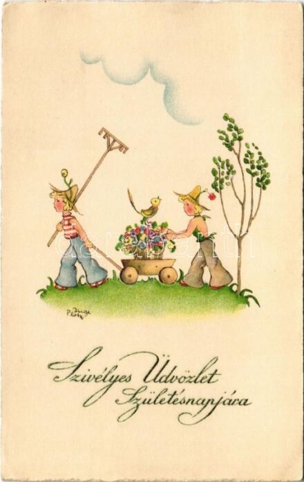 Szívélyes üdvözlet születésnapjára / Birthday greeting art postcard. Pittius (ázott sarok / wet corner)