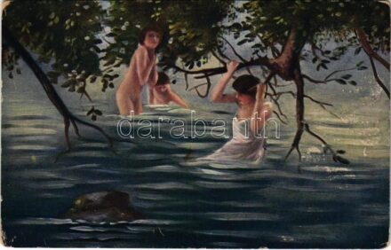 See-Leben im Sommer / Nyári élet a Balatonban / Erotic nude lady art postcard s: P. Chaba (EK)