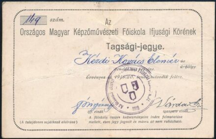 1919 Kézdi-Kovács Elemér (1898-1976) festőművész tagsági jegye, Országos Magyar Képzőművészeti Főiskola Ifjusági Köre, hajtásnyomokkal, 9x14