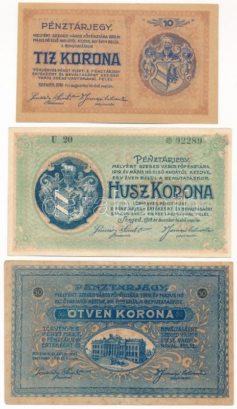 Szeged 1918. 50K 'II. kiadás' + 1919. 10K '19 T 02792' + 1919. 20K 'U 20 02289' T:I--III