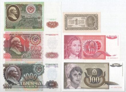 Jugoszlávia 1944. 1D + 1990. 10D + 1991. 100D + Oroszország 1991. 50R + 1992. 500R + 1000R T:I-II az egyik alján kis vágás Yugoslavia 1944. 1 Dinar + 1990. 10 Dinara + 1991. 100 Dinara + Russia 1991. 50 Rubles + 1992. 500 Rubles + 1000 Rubles