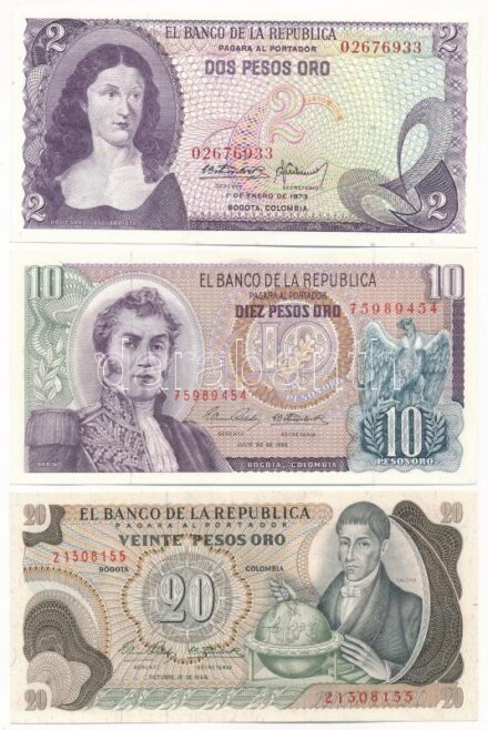 Kolumbia 1965. 10P + 1966. 20P + 1973. 2P T:I,I- Colombia 1965. 10 Pesos + 1966. 20 Pesos + 1973. 2 Pesos C:UNC,AU