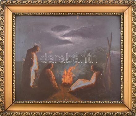 Vasvári Wertheimer Sándor (?-?): Tűz körül. Olaj, karton, kissé sérült (festéklepergésekkel). 40x50cm. Dekoratív, kissé sérült fakeretben.