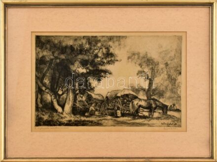 Zádor István (1882-1963): Cigánytábor Szolnokon. Rézkarc, papír, jelzett, üvegezett fakeretben, 21x35 cm