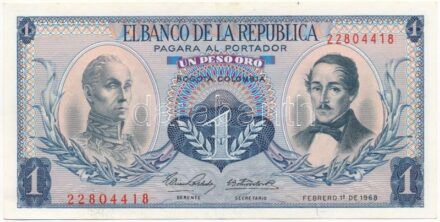 Kolumbia 1968. 1P '22804418' T:III kis folt, egyébként szép papír Colombia 1968. 1 Peso '22804418' C:F small spot, otherwise fine paper Krause 404d