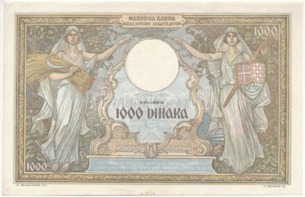 Jugoszlávia 1931. 1000D T:II- kis beszakadások Yugoslavia 1931. 1000 Dinara C:VF small tears Krause P#29