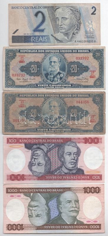 Brazília 1961-2003. 20C-2R (5x) T:III,III- szakadás, folt Brasil 1961-2003. 20 Cruzeiros - 2 Reais (5x) C:F,VG tears, spot