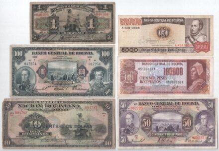 Bolívia 1911-1984. 1B-100.000B (6xklf) T:II-III- folt, szakadás, anyaghiány Bolivia 1911-1984. 1 Boliviano - 100.000 Bolivianos (6xdiff) C:VF-VG spot, tears, material error