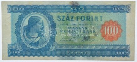 1946. 100Ft 'B 192 057740' T:III nagyobb foltok, szép papír Adamo F26