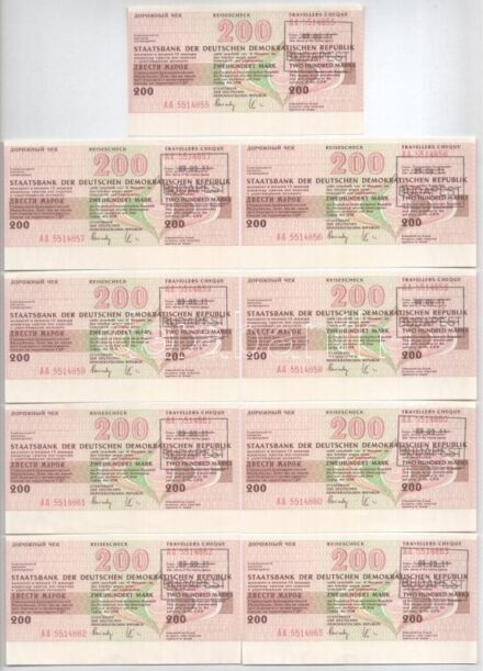 Német Demokratikus Köztársaság 1989. 'Staatsbank der Deutschen Demokratischen Republik' utazási csekkje 200M-ról (9x) sorszámkövetők 'AA 5514855 - AA 5514863', bélyegzésekkel T:I,I- German Democratic Republic 1989. 'Staatsbank der