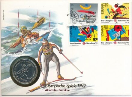 Andorra 1987. 2D Cu-Ni 'XXIV. Téli Olimpia 1992' felbélyegzett borítékon, alkalmi bélyegzéssel, német nyelvű leírással T:1- patina Andorra 1987. 2 Diners 'XXIVth Winter Olympics 1992' in envelope with stamp, with German description