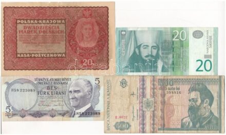 4db-os vegyes külföldi bankjegy tétel, közte Lengyelország, Románia, Szerbia, Törökország T:II-III közte folt, anyaghiány 4pcs of mixed foreign banknote lot, in it Poland, Romania, Serbia, Turkey C:XF-F spot, material error in it