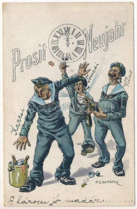 1914 Prosit Neujahr! K.u.K. Kriegsmarine Matrose / Boldog Újévet! / Austro-Hungarian Navy mariner humour art postcard, New Year greeting, drunk mariners. G.C. Pola 1913. s: Ed. Dworak + 'SMS RADETZKY' (EK)