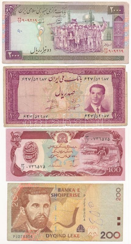Afganisztán 1990. 100A + Albánia 200L + Irán 1951-1953. 100R + DN (1986-2005) 2000R T:II-III- közte anyaghiány, firka, kis szakadás Afghanistan 1990. 100 Afghanis + Albania 200 Leke + Iran 1951-1953. 100 Rials + ND (1986-2005) 2000 Rials