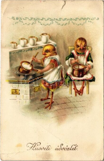 Húsvéti üdvözlet! Csirkék főzőcskéznek / Easter greeting, cooking chicken. litho (szakadás / tear)