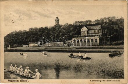 1916 Mülheim an der Ruhr, Kahlenberg mit Bismarckturm / rowing team, sport (EK)