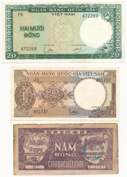 Vietnám 1948. 5D 'GD 027177' + DN (1964) 1D 'J1 461737' + 20D 'F6 472269' T:I--III folt, kis anyaghiány Vietnam 1948. 5 Dong 'GD 027177' + ND (1964) 1 Dong 'J1 461737' + 20 Dong 'F6 472269' C:AU-F spotted, small material error Krause P#15-17