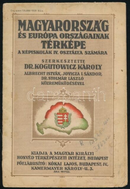 cca 1930 Magyarország és Európa országainak térképe a népiskolák IV. osztálya számára. Kogutowitz 58x44 cm szakadással