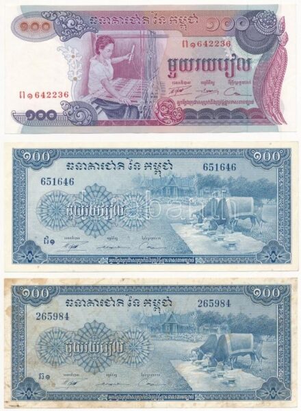 Kambodzsa 1972. 100R (3db/2xklf) T:III folt Cambodia 1972. 100 Riels (3pcs/2xdiff) C:F spot Krause P#13,#15