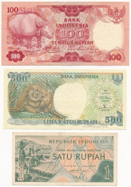 Indonézia 1961. 1R 'HOU 073112' + 1977. 100R 'BRW 066303' + 1993. 500R 'QGU 079811' T:III Indonesia 1961. 1 Rupiah 'HOU 073112' + 1977. 100 Rupiah 'BRW 066303' + 1993. 500 Rupiah 'QGU 079811' C:F Krause P#78, #116, #128b