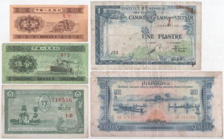 5db-os vegyes Ázsiai bankjegy tétel, közte Francia Indokína / Vietnam 1954. 1P + Kína 1953. 1f + 5f + Laosz 1957-1962. 1K + 1968-1979. 100K T:I--III közte folt, szakadás, tűzőgép ly. 5pcs of mixed Asian banknote lot, in it French
