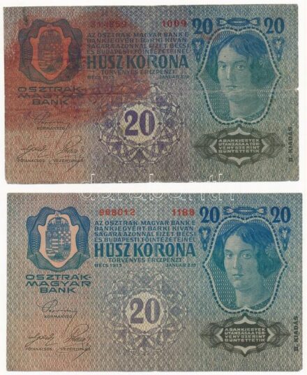 1913. 20K II. kiadás (2x), egyik piros 'Deutschösterreich' felülbélyegzéssel, másik cirill betűs felülbélyegzéssel T:III,III- egyiken nagy piros folt
