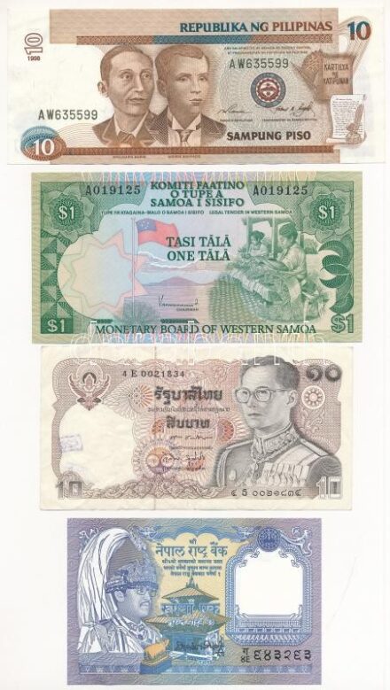 4db vegyes külföldi bankjegy tétel, közte Fülöp-szigetek, Nepál, Nyugat-Szamoa, Thaiföld T:I--III két db kis pecsét az egyiken 4pcs of mixed foreign banknote lot, in it Philippines, Nepal, Western Samoa, Thailand C:AU-F two seals on one