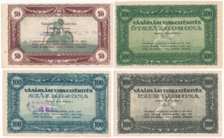 ~1920. 50K-500K 'Vásárlási visszatérítés' (4xklf), kitöltött és kitöltetlen T:II-,III