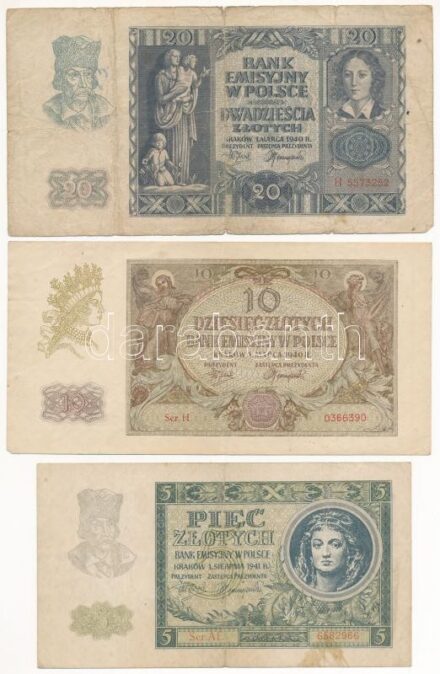 Lengyelország 1940. 5Zl + 10Zl + 20Zl T:III,III- Poland 1940. 5 Zlotych + 10 Zlotych + 20 Zlotych C:F,VG Krause 93, 94, 95