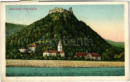 1927 Vágváralja, Vág-Podhragy, Povazské Podhradie (Vágbeszterce, Povazská Bystrica); Podrágyvár, templom, kastély, Vágvölgy / castle, church in Váh Valley / Povazie, Povazsky hrad. Kirván (EK)