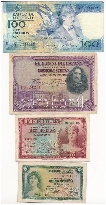 Portugália 1987. 100E 'BTV 077637' + Spanyolország 1928-1935. 5P-50P (3xklf) T:III folt, kis firka Portugal 1987. 100 Escudos 'BTV 077637' + Spain 1928-1935. 5 Pesetas - 50 Pesetas (3xdiff) C:F spotted, small doodle