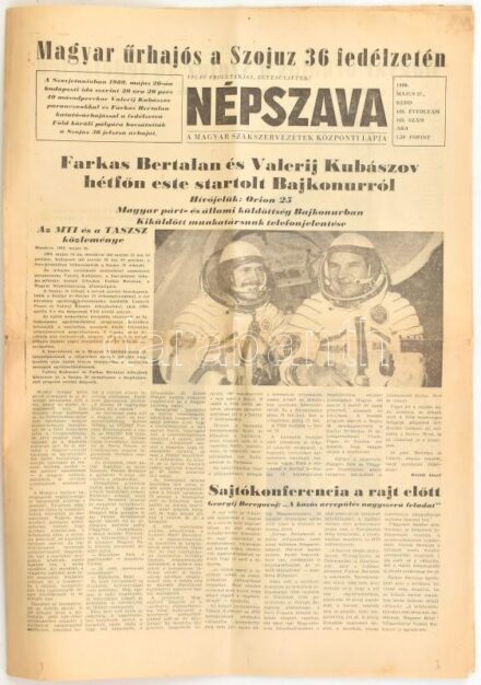 1980 Népszava 1980. május 27., 'Farkas Bertalan és Valerij Kubászov hétfőn este startolt Bajkonurról.', 8 p.