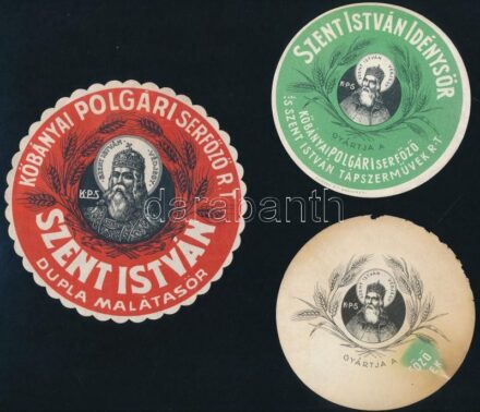 cca 1930 3 db Szent István sörcímke, közte egy nyomdahibás, d: 10-12,5 cm