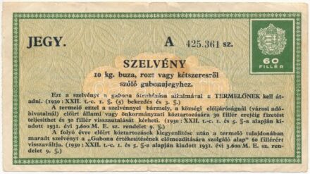 1931. 60f értékű gabonajegy 'A' szelvénye T:III folt, kis szakadás