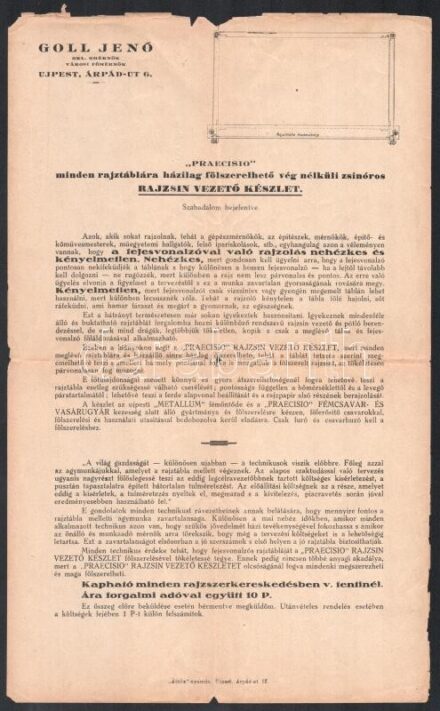 1940 Újpest, Goll Jenő okl. gépészmérnök, városi főmérnök reklámnyomtatványa rajztáblára szerelhető rajzsín vezető készletről, kisebb szakadásokkal