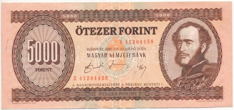 1990. 5000Ft 'H 41204458' T:III Hungary 1990. 5000 Forint 'H 41204458' C:F Adamo F49
