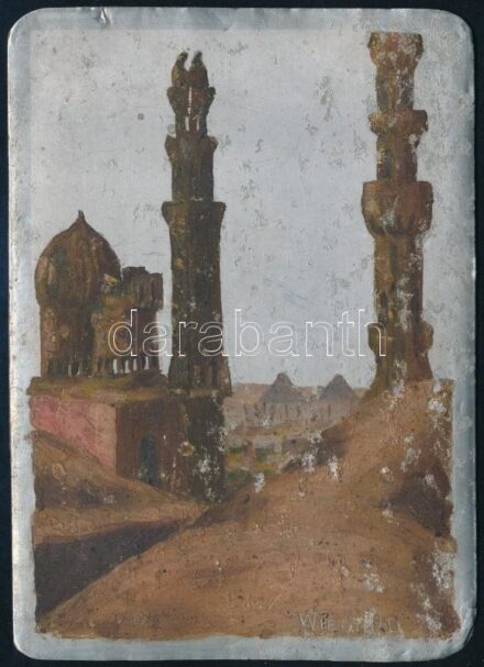 Wiegand jelzéssel: Sivatagi romok. Olaj, fémlemez kartonon, kopásnyomokkal, 12x8,5 cm