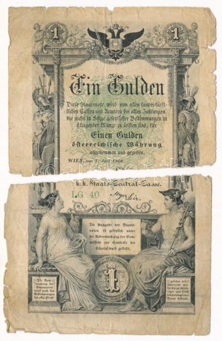 1866. 1G 'STN' vízjeles papíron, 'LG 40' sorszámmal T:V beszakadások, anyaghiány, két darabban Austrian Empire 1866. 1 Gulden on 'STN' watermarked paper, 'LG 40' serial C:Pr tears, missing material error, in two pieces Adamo G97