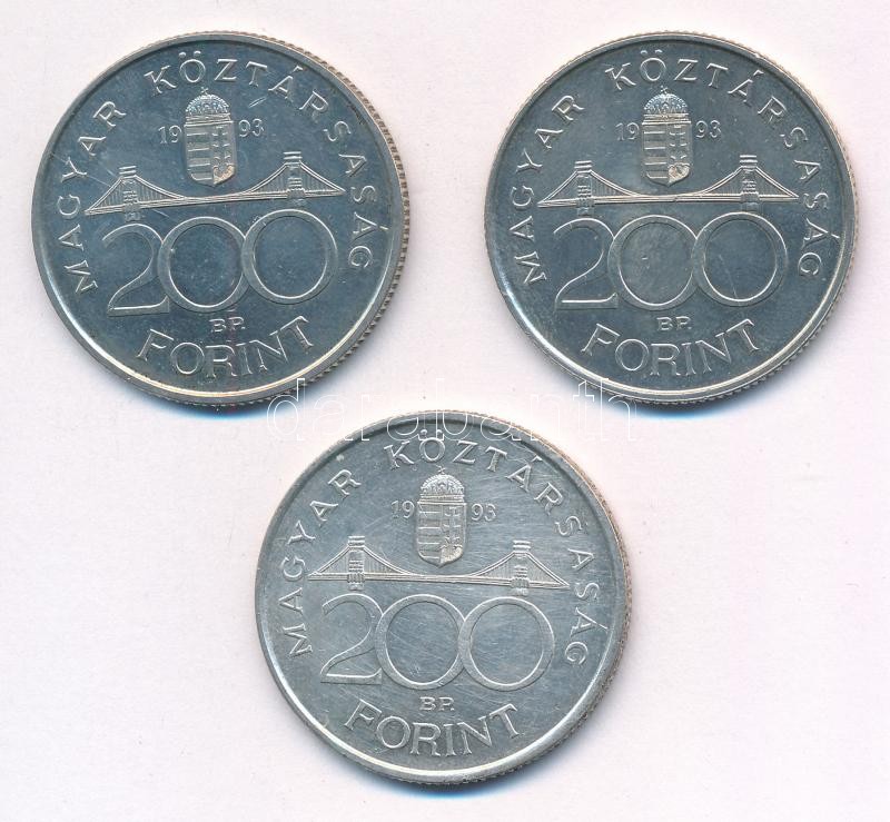 1993. 200Ft Ag 'MNB' (3x) T:1-,2 patina Adamo F13 - Image 2