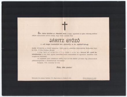 1914 Járitz Győző banktisztviselő és népfelkelő hadnag halálozási értesítő