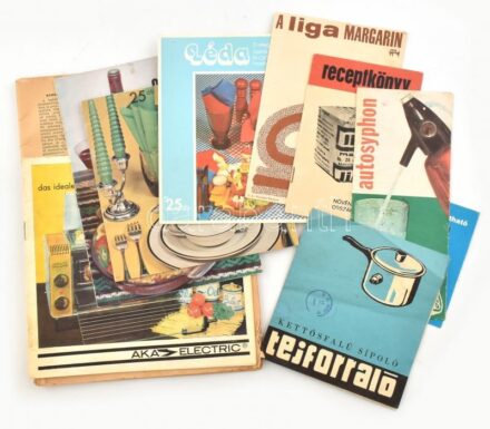 Retró konyhai eszköz és sütés-főzés témájú nyomtatványok, 9 db + régi receptújság ('30-as évek), hiányzó borítóval