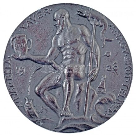 1936. 'Vivát Béla Xavér a nagy skót telivér' egyoldalas, öntött Sn emlékérem, nem saját dísztokban (59mm) T:2