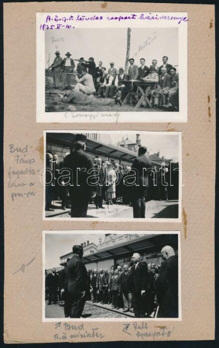 1935 Bud János pénzügyminiszter fogadása a lövészverseny alkalmából, 3 db kartonra ragasztott fotó, feliratozva, 6×9 cm