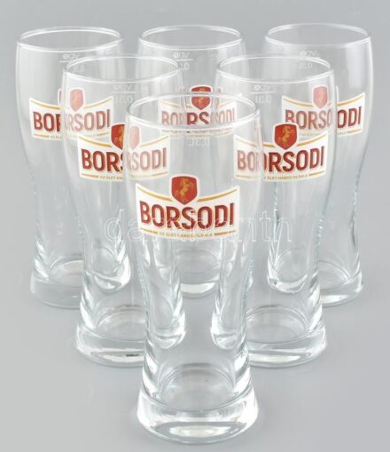 'Borsodi' üveg söröspohár készlet, eredeti kissé sérült dobozában, 6 db, 0,3 l, m: 16 cm