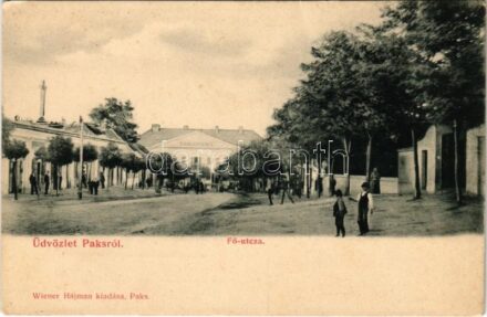 Paks, Fő utca, Erzsébet szálloda, Bazársor tetején Szent Vendel, Szent Flórián és Nepomuki Szent János szobra. Wiener Hajman kiadása
