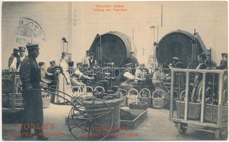 1909 Budapest XXII. Budafok, Törley Pezsgőborgyár belső, palackok töltése (EK)