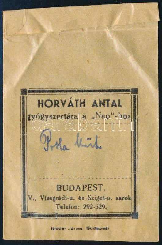 Horváth Antal Gyógyszertára a Naphoz Budapest V. papírtasak