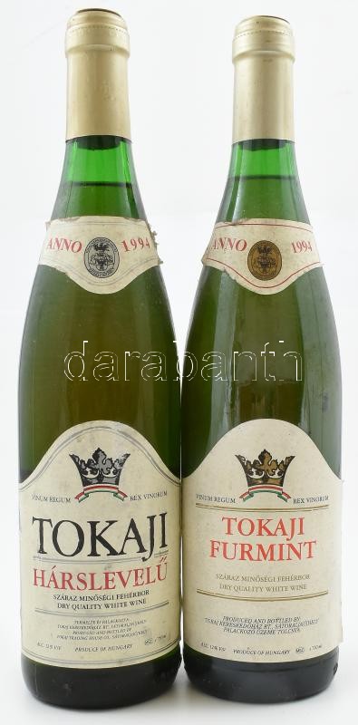 1994 Tokaji Hárslevelű és Tokaji Furmint, 2 bontatlan palack fehérbor, pincében, szakszerűen tárolt, 12%, 0,75 l.x2