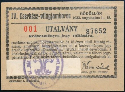 1933 Gödöllő, IV. Cserkész-világjamboree utalvány kedvezményes jegy váltására